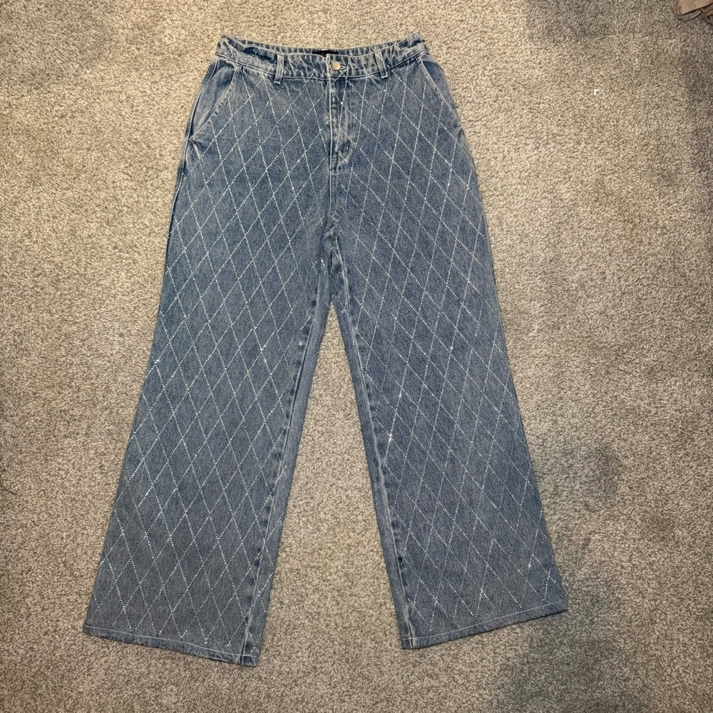 House of Harlow 1960 Diamond-Quilted Wide Leg Jeans - Blue